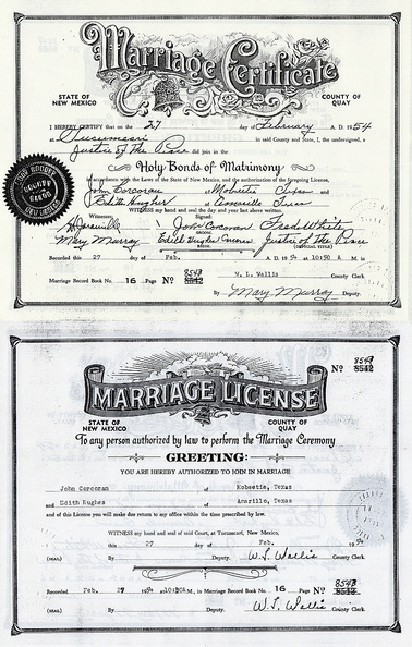 John Corcoran and Edith McPherson Hughes marriage Certificate. Edith's marriage to second husband. 50110.jpg