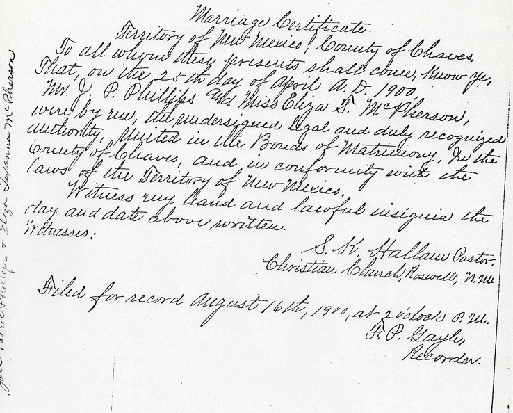 Joel Patrick Phillips and Eliza Texanna McPherson marriage certificate 50116.jpg
