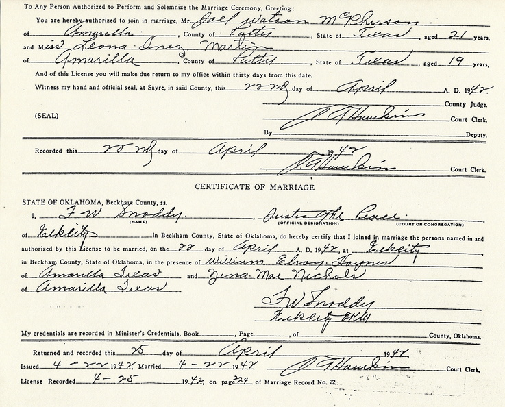 Joel Watson McPherson and Leona Inez Martin marriage certificate 50118.jpg