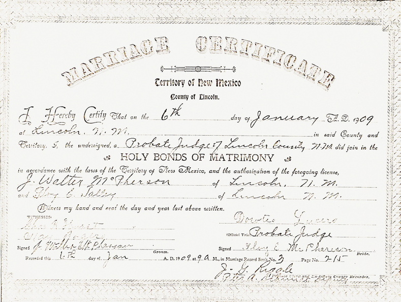 Joel Walter McPherson and Floy Edith Talley marriage certificate 50126.jpg